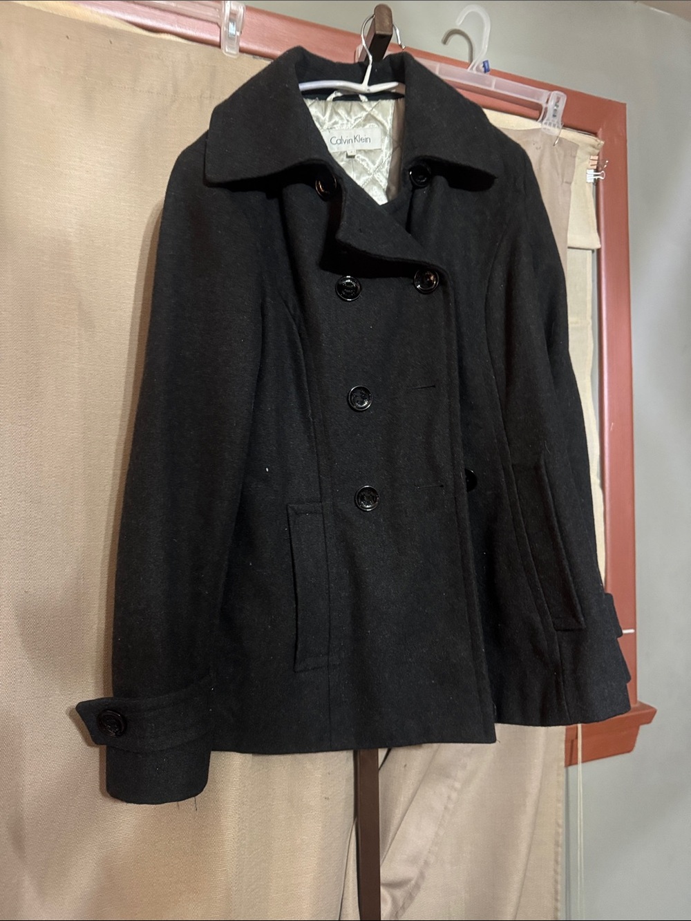 Calvin Klein Black Double-Breasted Wool Pea Coat with Notch Collar